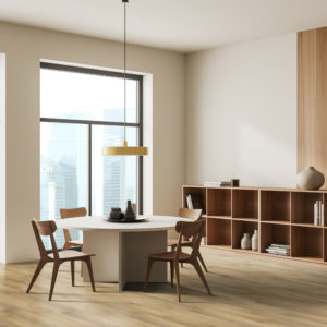 Beige living room interior with dining table and chairs, side view, shelf with decoration and books. Panoramic window on Singapore skyscrapers. Mockup empty wall. 3D rendering; Shutterstock ID 2209399731; purchase_order: nvt; job: Flooring online Laminaat Urban; client: ; other: