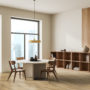 Beige living room interior with dining table and chairs, side view, shelf with decoration and books. Panoramic window on Singapore skyscrapers. Mockup empty wall. 3D rendering; Shutterstock ID 2209399731; purchase_order: nvt; job: Flooring online Laminaat Urban; client: ; other: